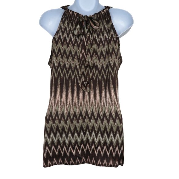 Womens Sleeveless Brown Chevron Blouse M Keyhole Tie Neck Loose Y2K Tank Top - Picture 10 of 10